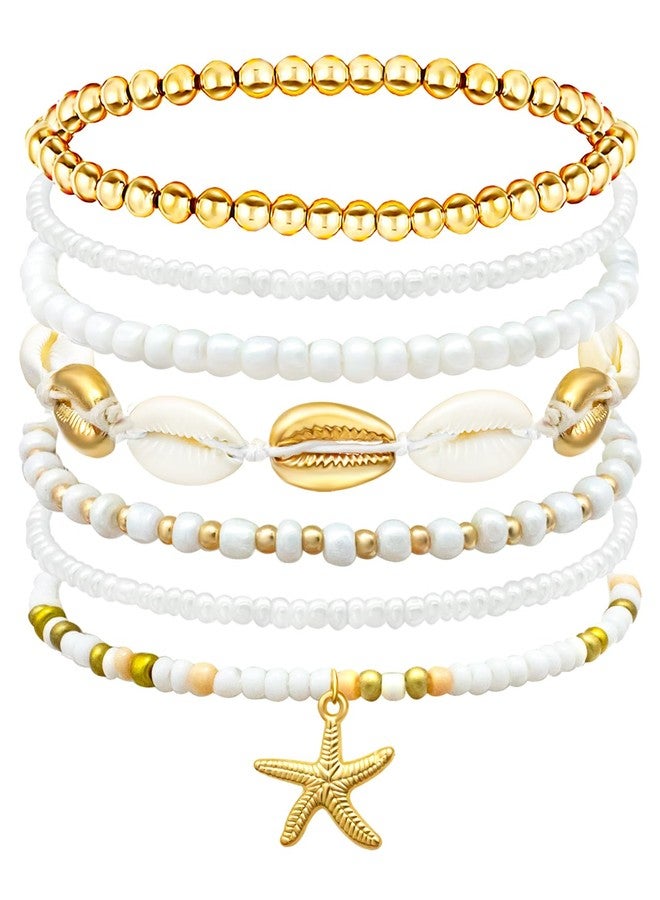 Palotay Summer Beach Bracelets Bohomian Seashell Starfish Bracelet Handmade Braided Shell Beaded Bracelets Set Stretch Waterproof Surfer Bracelet for Women Vacation Jewelry Tropical Gold - Image 1
